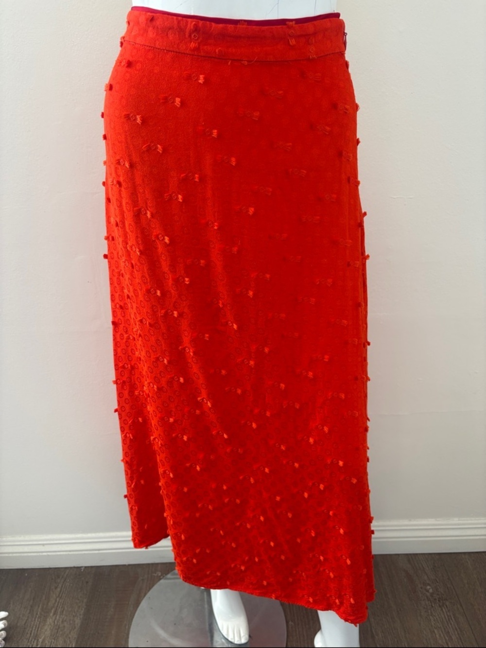 Rachel Comey Orange Poppy Red High Waisted Maxi Skirt Eyelash Texture Polka Dots